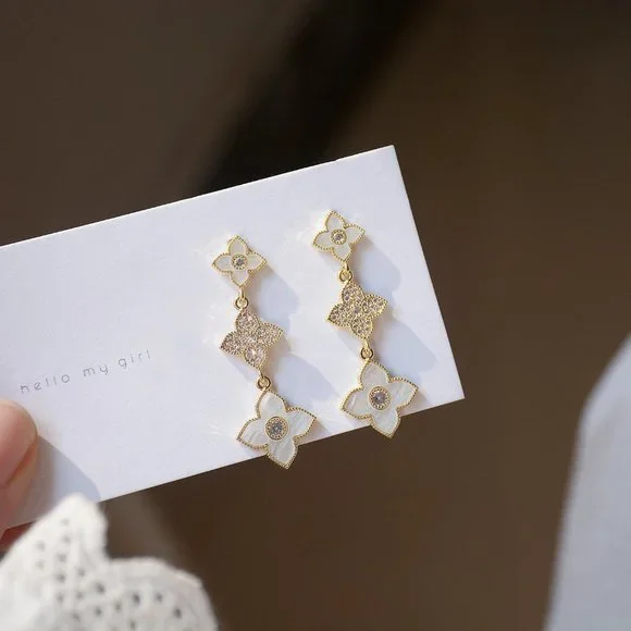 NEW 14K Gold Plated Diamond Clover Drop Earrings - Picture 2 of 7